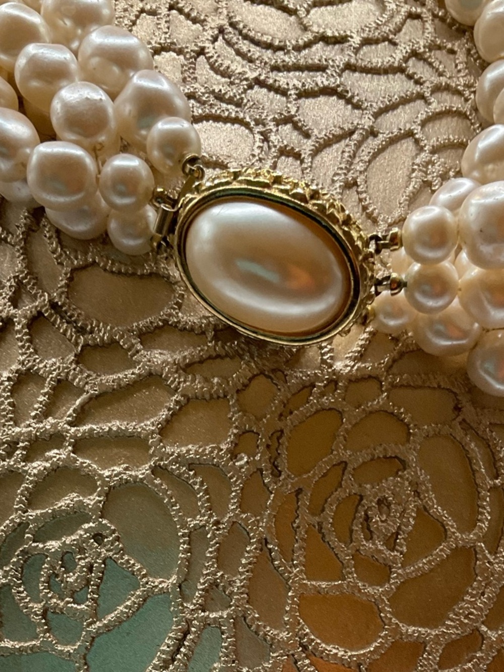 Multi-Strand Cream Pearl Statement Necklace with Gold Accent - Picture 4 of 4